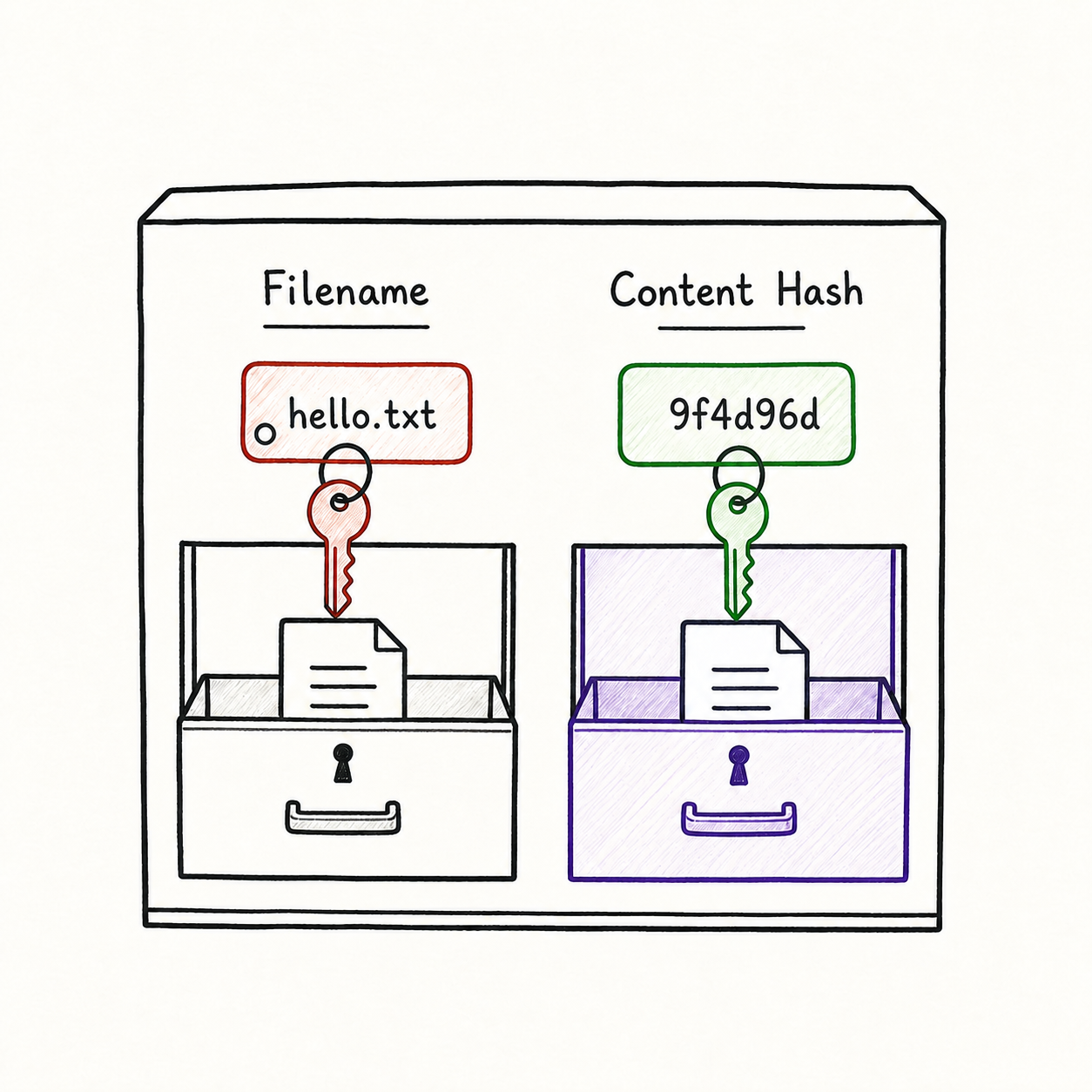 مقارنة بين الوصول إلى ملف باسمه و وصول Git إلى Object عبر Content Hash