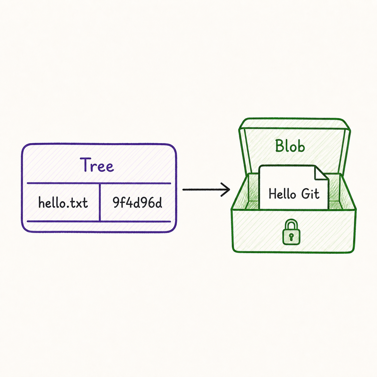 بطاقة Tree تربط اسم الملف hello.txt بالمعرف 9f4d96d الذي يشير إلى Blob يحفظ المحتوى Hello Git