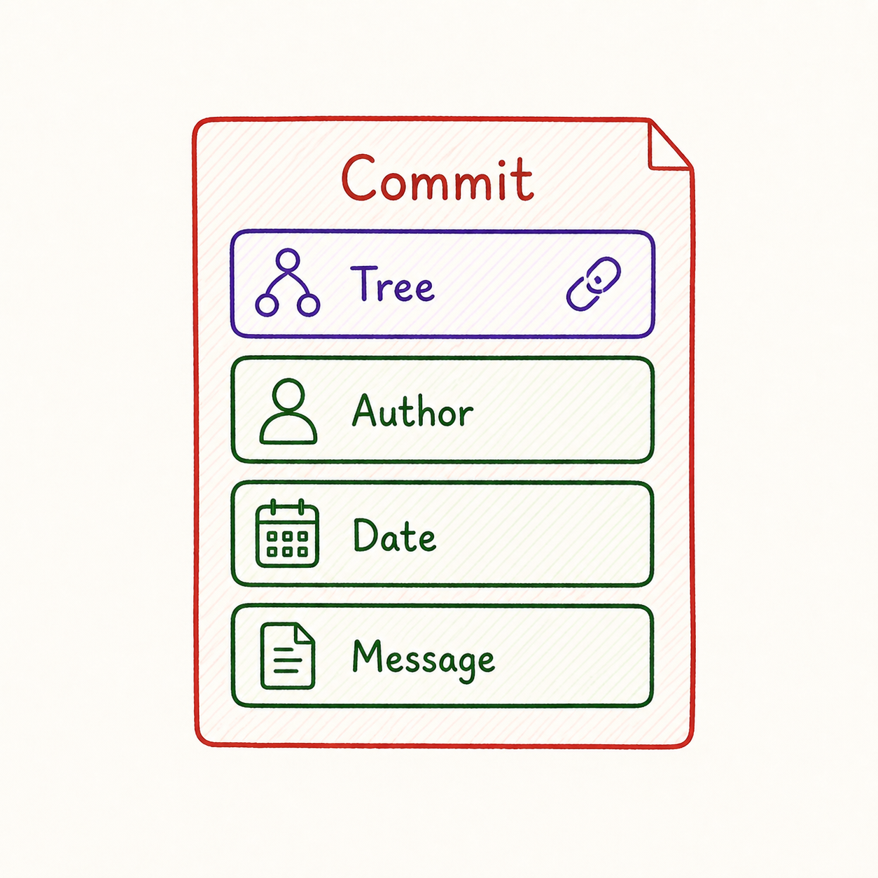 سجل Commit يحتوي على مرجع Tree و حقول Author و Date و Message