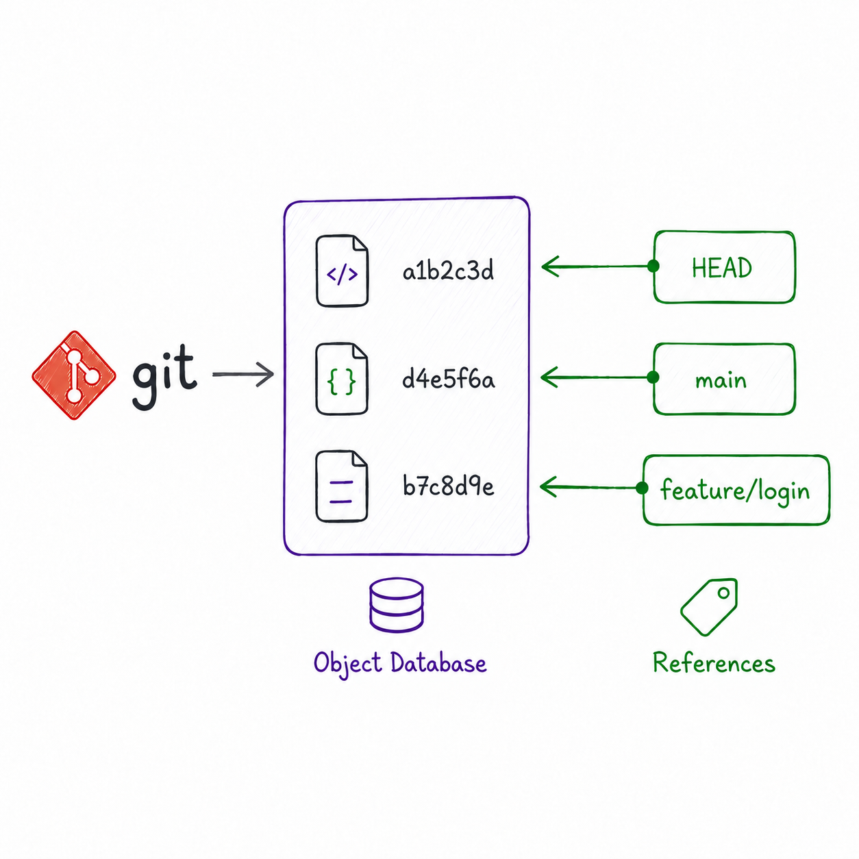 الـ References تشير إلى البيانات في الـ Object Database مثل HEAD و main
